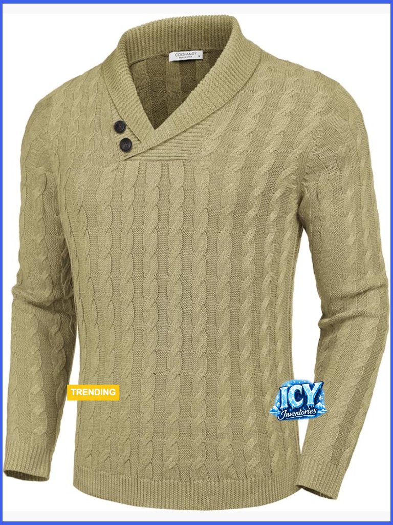 Slim Fit Cable Knit Pullover Sweater Shawl Collar Button Detail